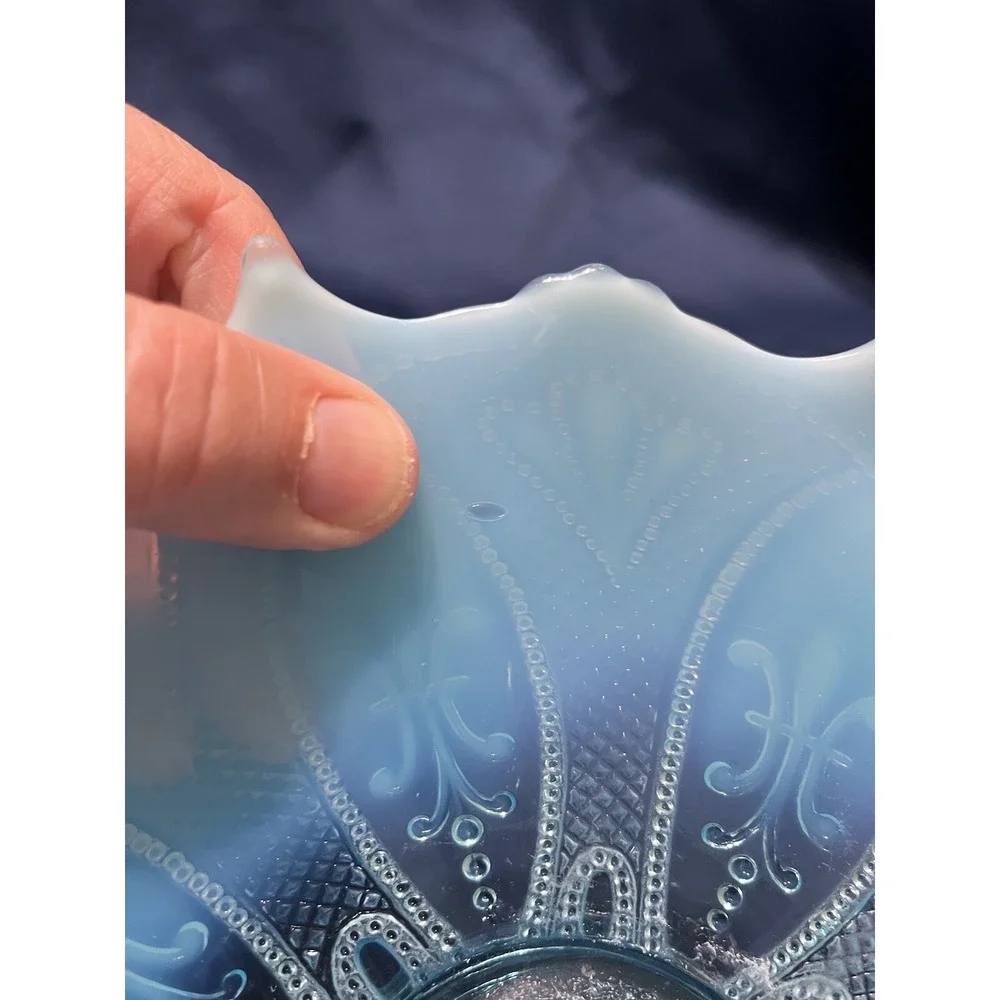 Vintage Blue Opalescent Glass Candy Serving Dish Fleur-de-lis Design - Picture 5 of 10
